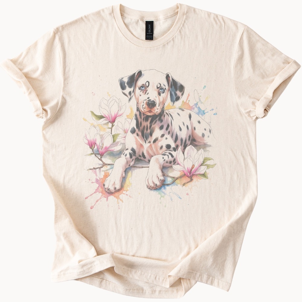 Spotted Dog and Flowers Watercolor Graphic Tee Artistic Animal Design